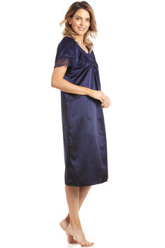 British Made Navy Short Sleeved Satin Nightdress With Lace Detail Ladies Size 8 To 28 UK, 4 of 5