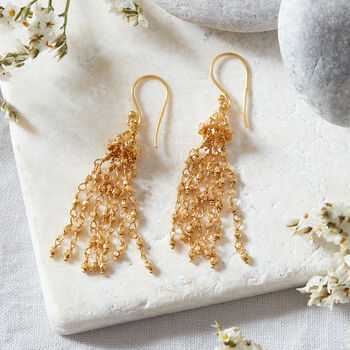Gold Plated Silver Beaded Tassel Drop Earrings, 2 of 5