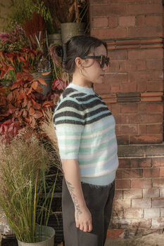 Mint Green Short Sleeve Fuzzy Stripe Knit, 4 of 6