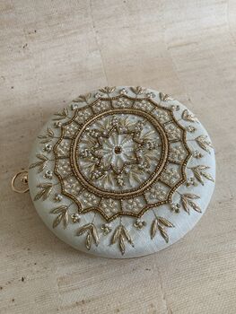 Ivory Round Handcrafted Mandala Design Clutch, 2 of 8