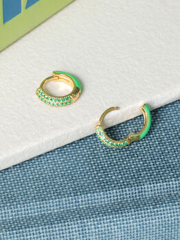 Gold Blue Or Green Enamel Cz Reversible Huggie Hoops, 6 of 12