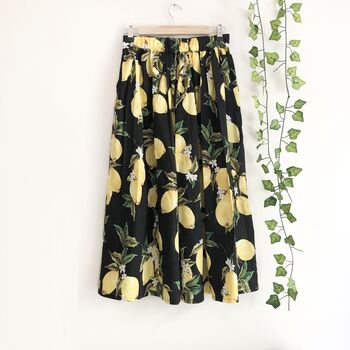 Lemon Print Black Cotton Midi Skirt, 6 of 7