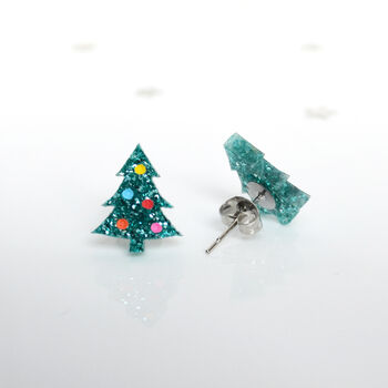 Laser Cut Green Glitter Christmas Tree Earrings Studs, 2 of 4