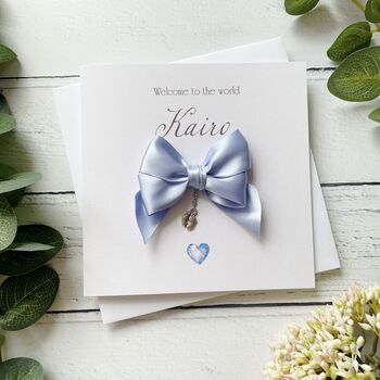 Handmade New Baby Card. Satin Bow With Charm. Boy Or Girl, 2 of 10