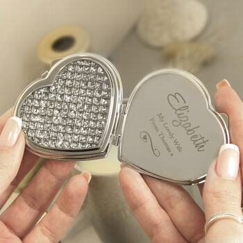 Personalised Swirl And Heart Diamante Heart Shaped Compact Mirror, 3 of 4