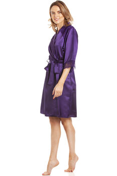 British Made Purple Short Satin Dressing Gown With Lace Detail, 4 of 5