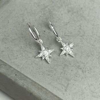 Sterling Silver Earrings Snowflake North Star Huggies, 2 of 7
