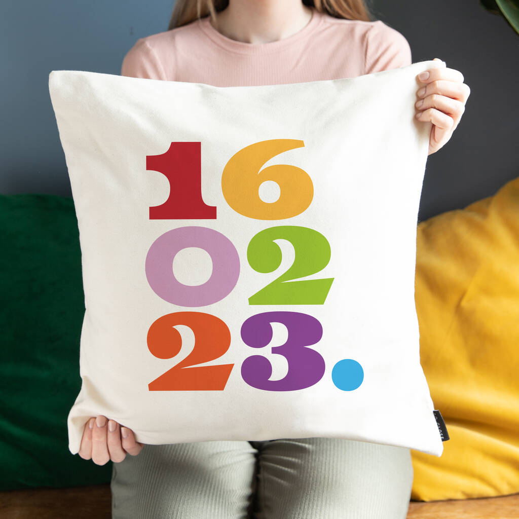 Rainbow Date Personalised Cushion By So Close