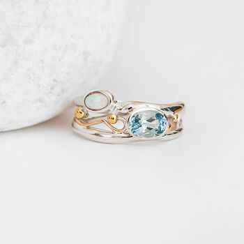 Molten Sterling Silver Blue Topaz And White Opal Ring, 3 of 8