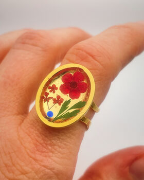 Cocktail Ring With Red Flowers In Gold Or Silver, 2 of 10