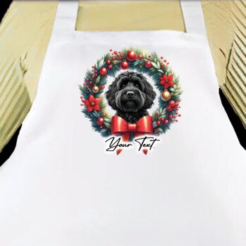 Dog Christmas Wreath Personalised Apron. Multiple Breeds And Colour Options, 6 of 12