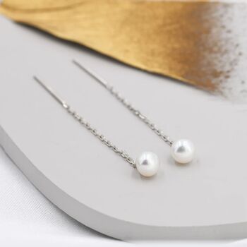 Sterling Silver Genuine Pearl Threader Earrings, 4 of 11