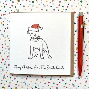 Personalised Festive Staffy Santa Hat Christmas Card, 2 of 2