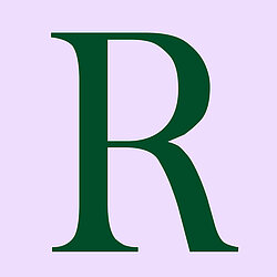 A deep green letter 'R' on a lilac background