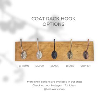 Solid Oak Coat Rack With Hooks, 10cm Deep, Oak Shelf With Hook, Chrome Hook, Silver Hook, Black Hook, Bronze, Brass Hooks, Copper, Oak Shelf, 3 of 11