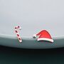 Mismatched Enamel Christmas Hat And Candy Cane Stud Earrings In Sterling Silver, thumbnail 1 of 10