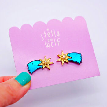 Teal And Gold Shooting Star Stud Earrings, 4 of 8