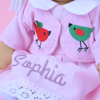 Personalised Pink Bird Jacket And Dress Rag Doll, 3 of 3
