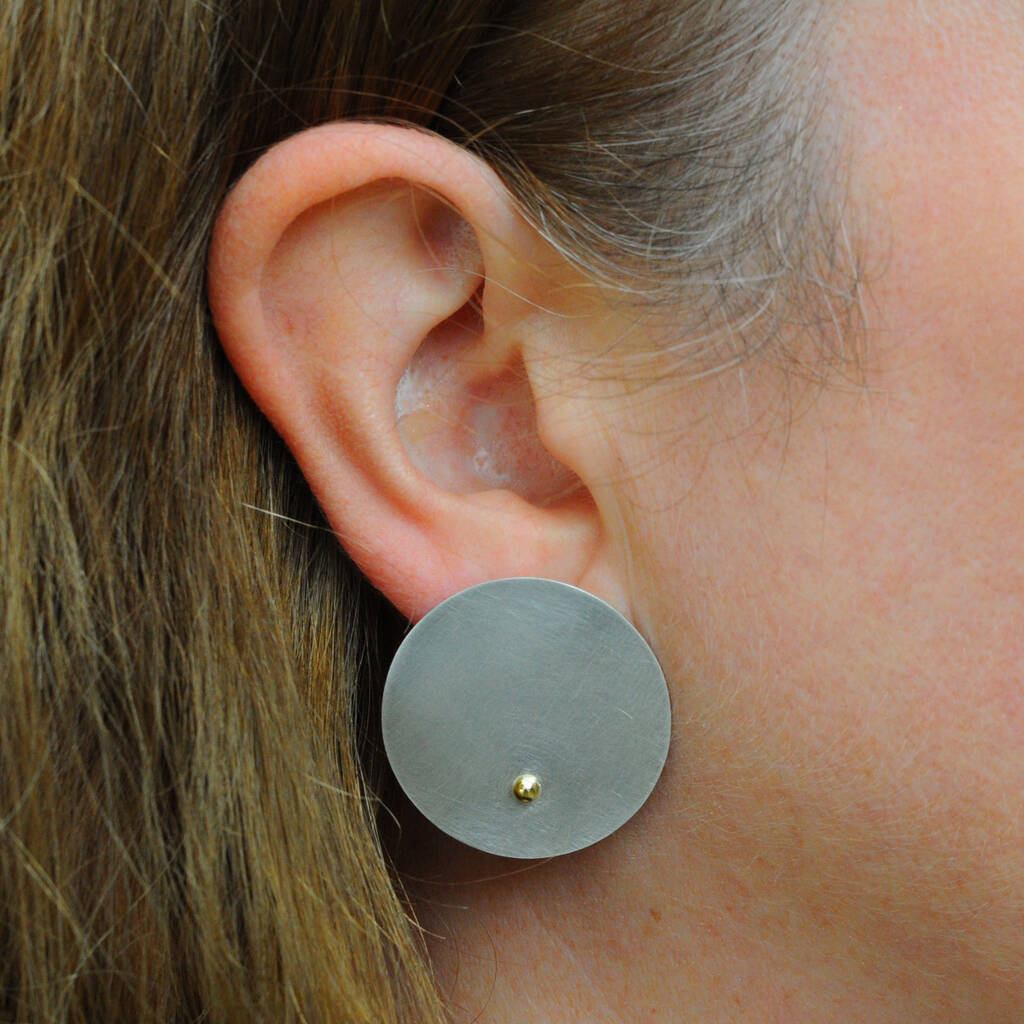 Large Silver Disc With Gold Ball Stud Earrings, 1 of 7