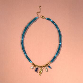 Fish And Pearl Charms Teal Bead Necklace, 2 of 4