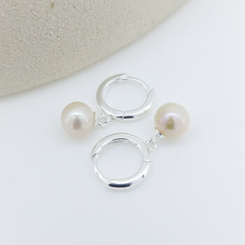 Sterling Silver Round Pearl Huggie Hoop Earrings, 2 of 5