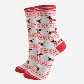 Women's Bamboo Socks Sausage Dog Fair Isle, 2 of 5