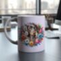 Personalised Dappled Chocolate Dachshund Floral Summer Dog Wreath Gift Keepsake Mug, thumbnail 1 of 2