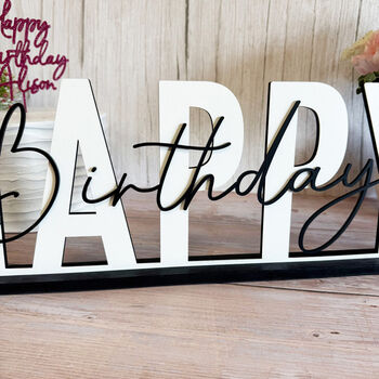Elegant Happy Birthday Wood Sign And Mirrored Acrylic Sign, 2 of 9