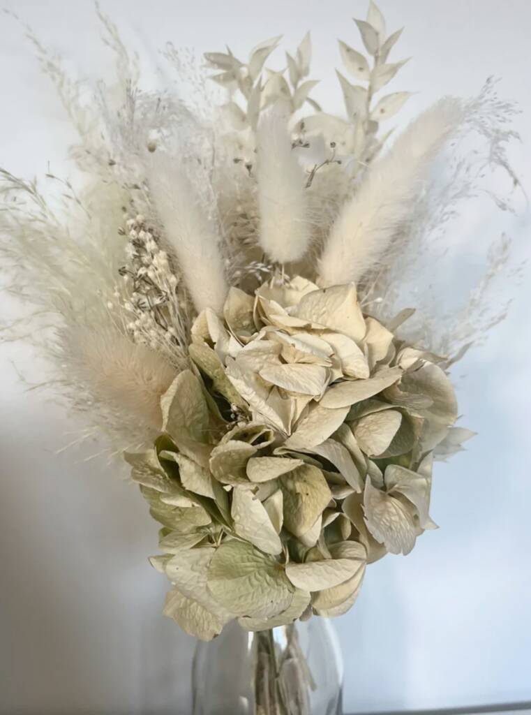 Green Hydrangea Dried Flower Posy With Jar By Fleuro Studio