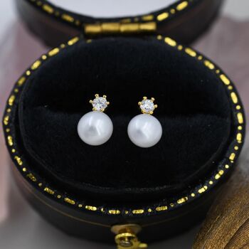 Genuine Pearl And Cz Stud Earrings In Sterling Silver, 5 of 12