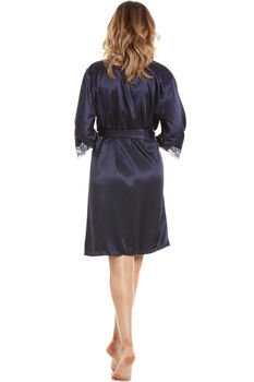 British Made Navy Short Satin Dressing Gown With Lace Detail, 4 of 5