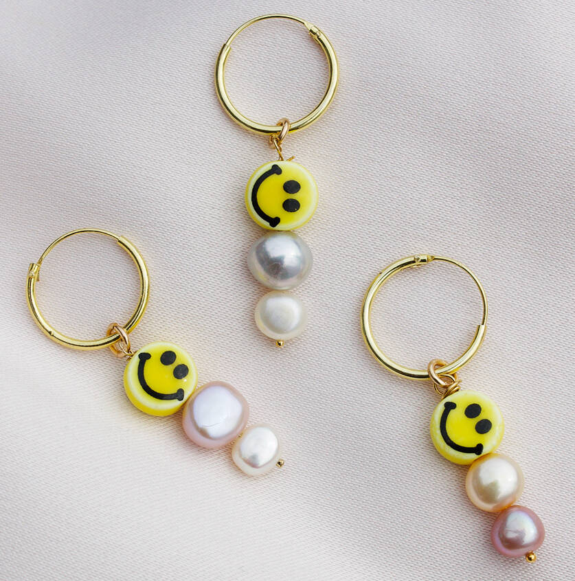 Happy Days Single Smiley And Pearl Mini Hoop Earring, 1 of 4