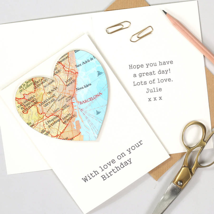 personalised map location heart birthday card by bombus