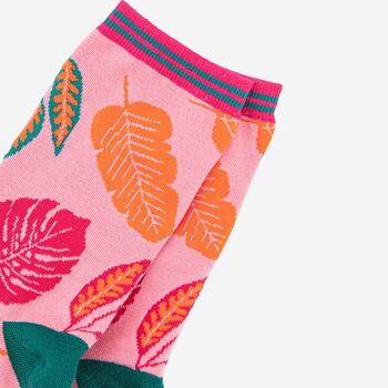 Women's Pink Tropical Leaf Print Bamboo Socks, 3 of 4