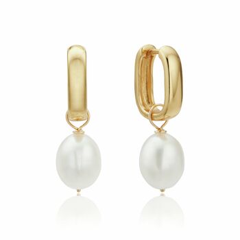 Gold Or Silver Thick Squared Hoop Pearl Drop Earrings, 3 of 7