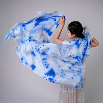 100% Mulberry Silk Scarf, Blue Marble In Gift Box, 3 of 9