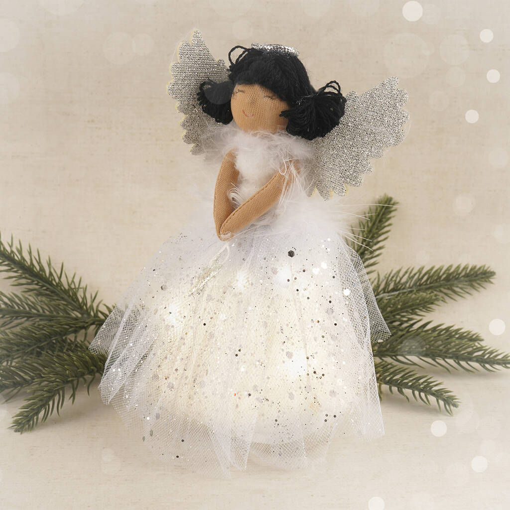 Silver Dark Hair Light Up Tree Topper Angel Decoration, 1 of 12