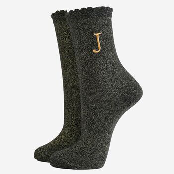 Women's Glitter Socks Black Gold Initial 'J', 2 of 5