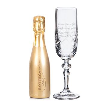 Crystal Personalised Champagne Flutes And Gold Prosecco, 2 of 3