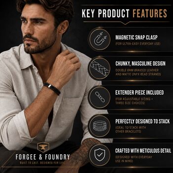 Men’s Adjustable Black Double Leather And Bead Bracelet – 12mm Woven Design With Silver Stainless Steel Clasp, 6 of 7