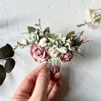 Dusty Pink And Sage Green Floral Hair Comb, 5 of 7