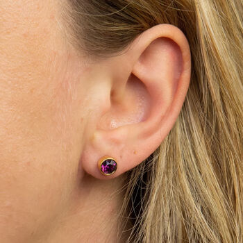 Yellow Gold Plated February Amethyst Birthstone Stud Earrings, 2 of 4