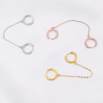 Double Piercing Cz Hoop Earrings With Linking Chain, 3 of 8