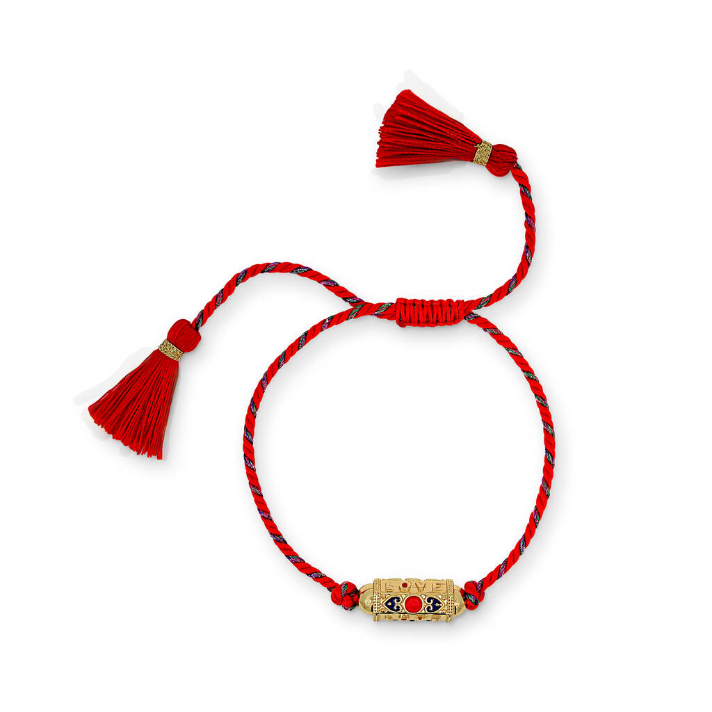 Red Love Charm Plaited Cord Bracelet With Tassels