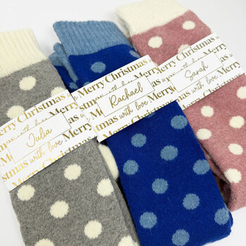 Personalised Birthday Spotty Polka Dot Welly Socks With Gold Foil Label, 9 of 10
