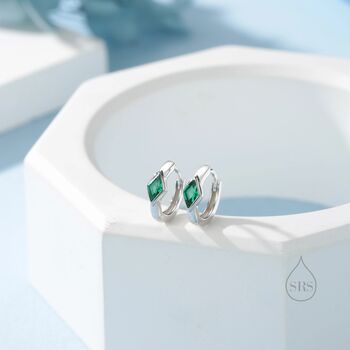 Tiny Rhombus Emerald Green Cz Huggie Hoop In Sterling Silver, 4 of 12