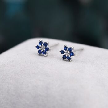 Sapphire Blue Cz Flower Stud Earrings Sterling Silver, 2 of 11