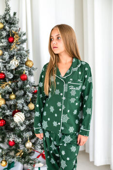 Family Christmas Green Snowflake Personalised Pyjamas, 8 of 12