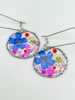Earrings With Blue And Pink Flowers In Silver Or Gold, 4 of 12