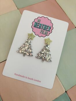 Silver Glitter Christmas Tree With Star Earrings / Festive Jewellery Sparkly Tree With Gold Star / Winter Style Jewellery Shimmering Icy Forest Dangles / Christmas Gift Bold Sparkly Festive Accessories, 5 of 5